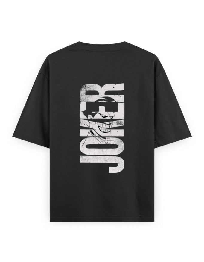 Black Joker graphic printed t-shirt for men with vertical text and Joker face design on the back.
