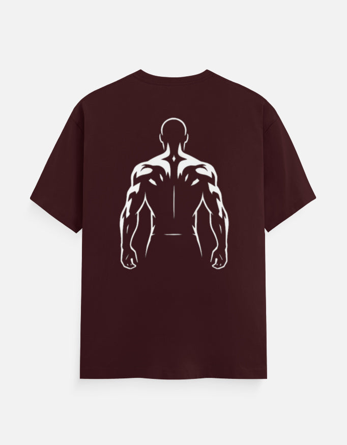Unisex maroon classic crew t-shirt with back muscles graphic design.
