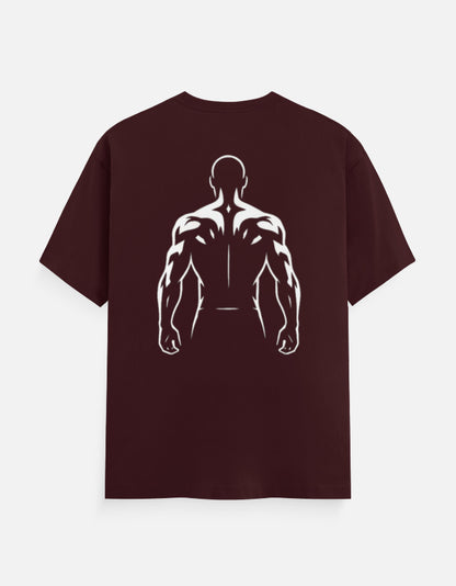 Unisex maroon classic crew t-shirt with back muscles graphic design.