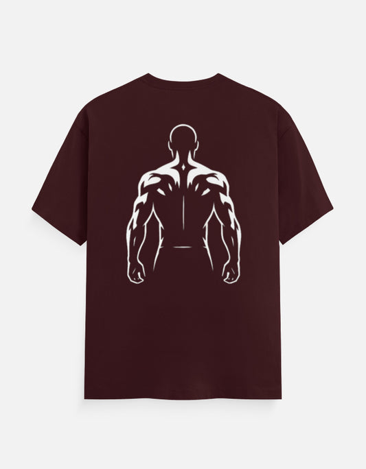 Unisex maroon classic crew t-shirt with back muscles graphic design.