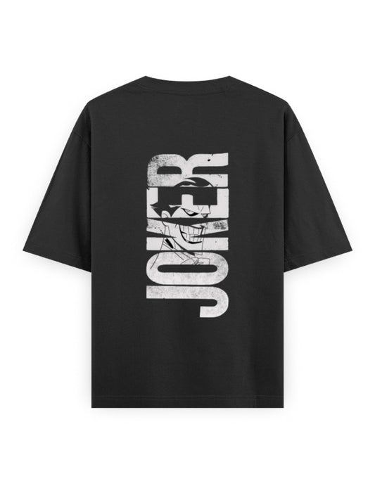 Black Joker graphic printed t-shirt for men with vertical text and Joker face design on the back.