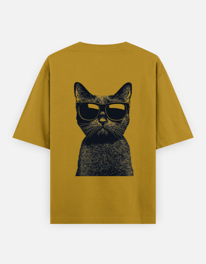 Unisex yellow oversized classic t-shirt featuring a cat wearing sunglasses graphic on the back.