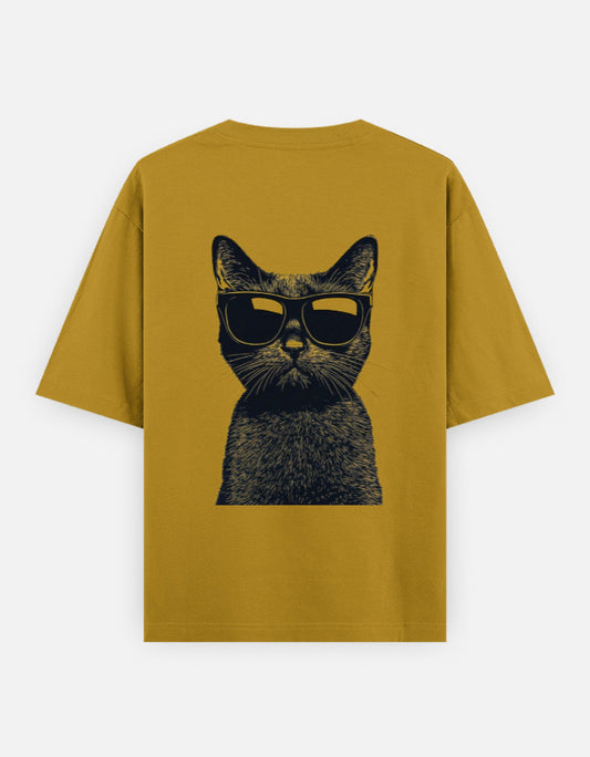 Unisex yellow oversized classic t-shirt featuring a cat wearing sunglasses graphic on the back.