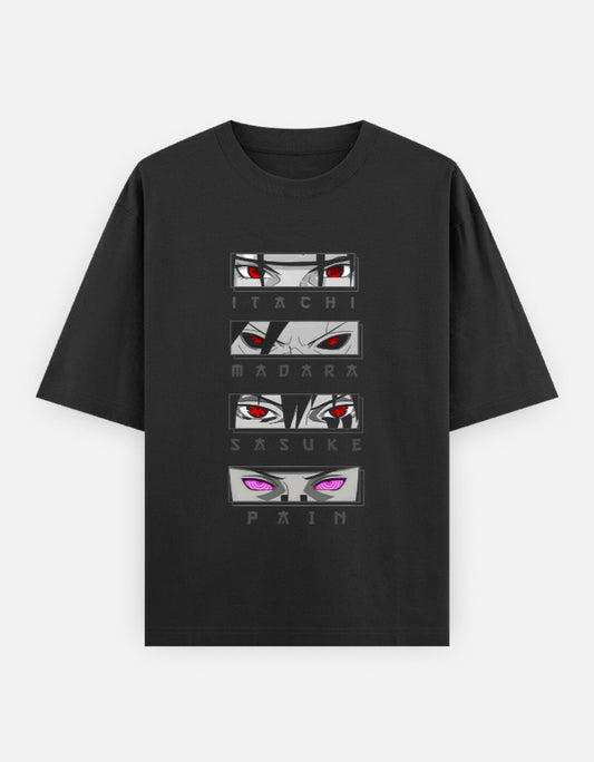 Black oversized unisex anime t-shirt featuring close-up eye graphics of Itachi, Madara, Sasuke, and Pain from Naruto – Uchiha-inspired fan apparel by Teetanic.