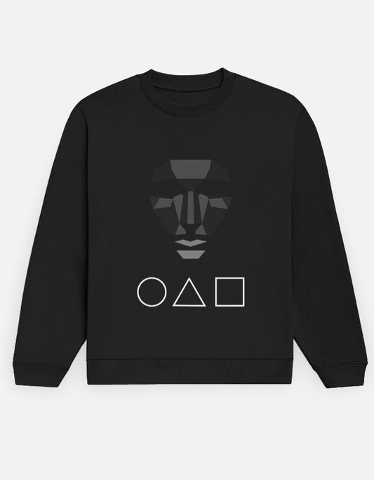 Black unisex sweatshirt with geometric masked face and Squid Game-inspired circle, triangle, square symbols – Korean drama fan apparel by Teetanic.