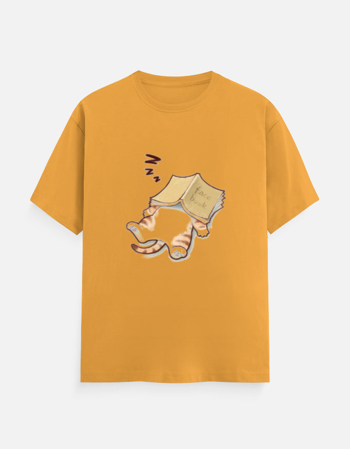 Unisex yellow classic crew t-shirt with sleeping cat holding 'Facebook' book graphic.
