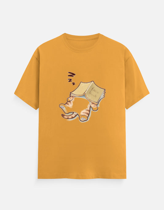 Unisex yellow classic crew t-shirt with sleeping cat holding 'Facebook' book graphic.