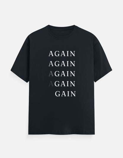 Unisex classic crew t-shirt featuring a bold "AGAIN" graphic design in contrasting shades, perfect for a stylish and casual look. Available in black.