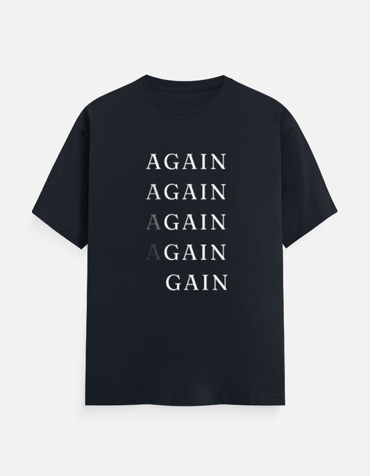 Unisex classic crew t-shirt featuring a bold "AGAIN" graphic design in contrasting shades, perfect for a stylish and casual look. Available in black.