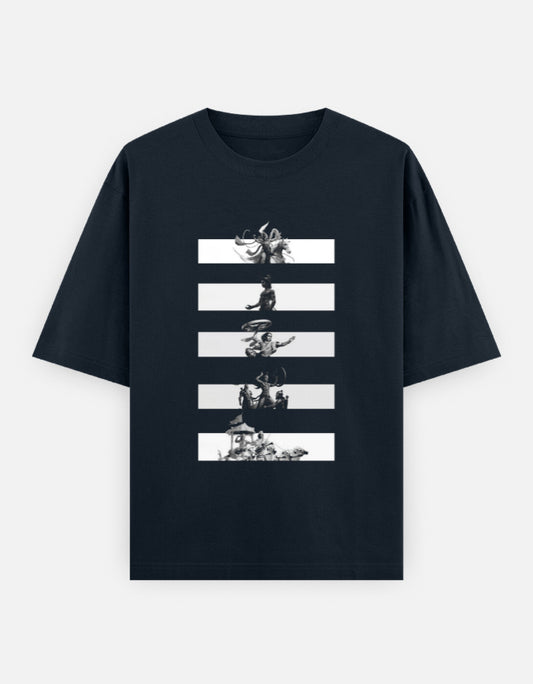 Navy Blue oversized unisex t-shirt with grayscale manga-style samurai and warrior artwork in vertical stripes – Japanese anime streetwear by Teetanic.