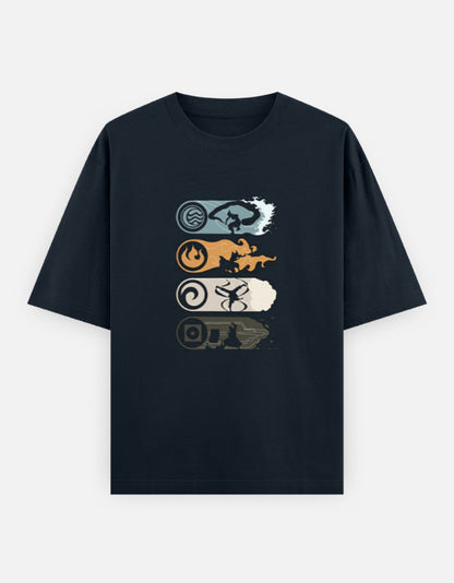 Navy blue unisex oversized t-shirt with Avatar: The Last Airbender element symbols and bending silhouettes – anime fantasy streetwear from Teetanic.
