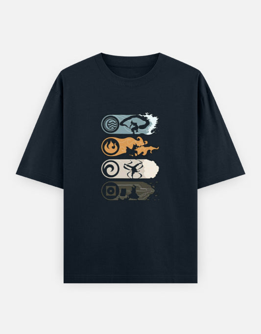 Navy blue unisex oversized t-shirt with Avatar: The Last Airbender element symbols and bending silhouettes – anime fantasy streetwear from Teetanic.