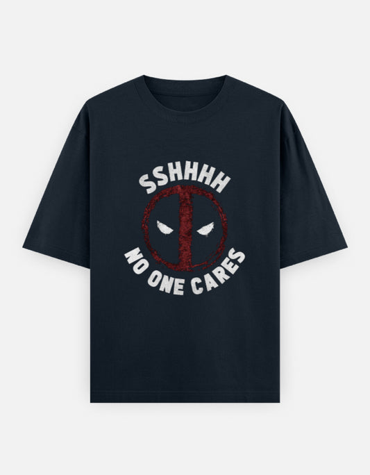 Unisex oversized navy blue t-shirt with Deadpool 'Sshhh No One Cares' graphic print.