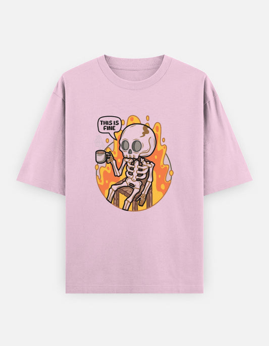 Unisex oversized pink t-shirt with 'This Is Fine' skeleton sitting in flames graphic print.