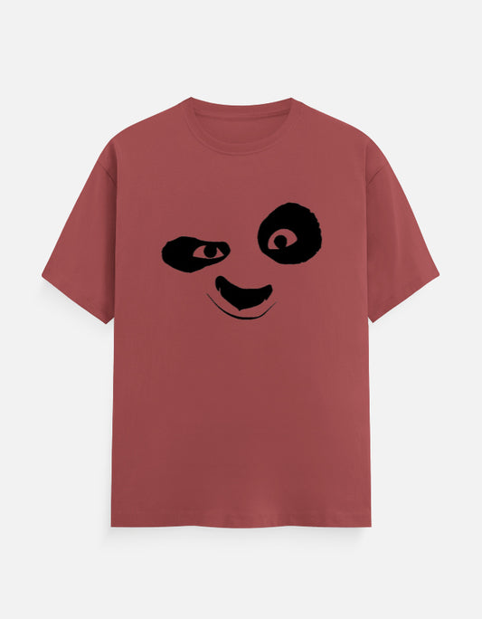 Maroon unisex t-shirt with a minimalist black face graphic inspired by Po from Kung Fu Panda – playful animated character shirt by Teetanic.