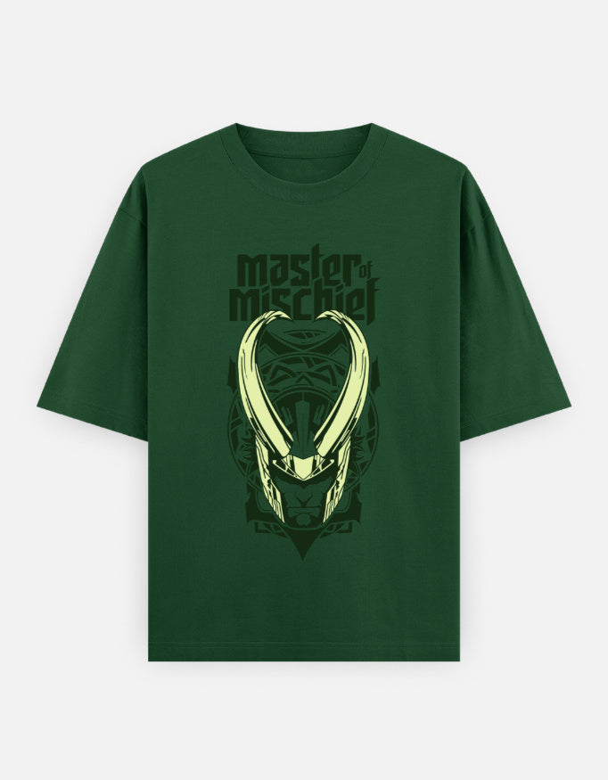 Unisex green oversized classic t-shirt with Loki 'Master of Mischief' graphic design featuring horns.