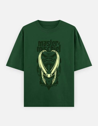 Unisex green oversized classic t-shirt with Loki 'Master of Mischief' graphic design featuring horns.