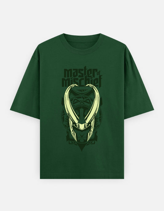 Unisex green oversized classic t-shirt with Loki 'Master of Mischief' graphic design featuring horns.
